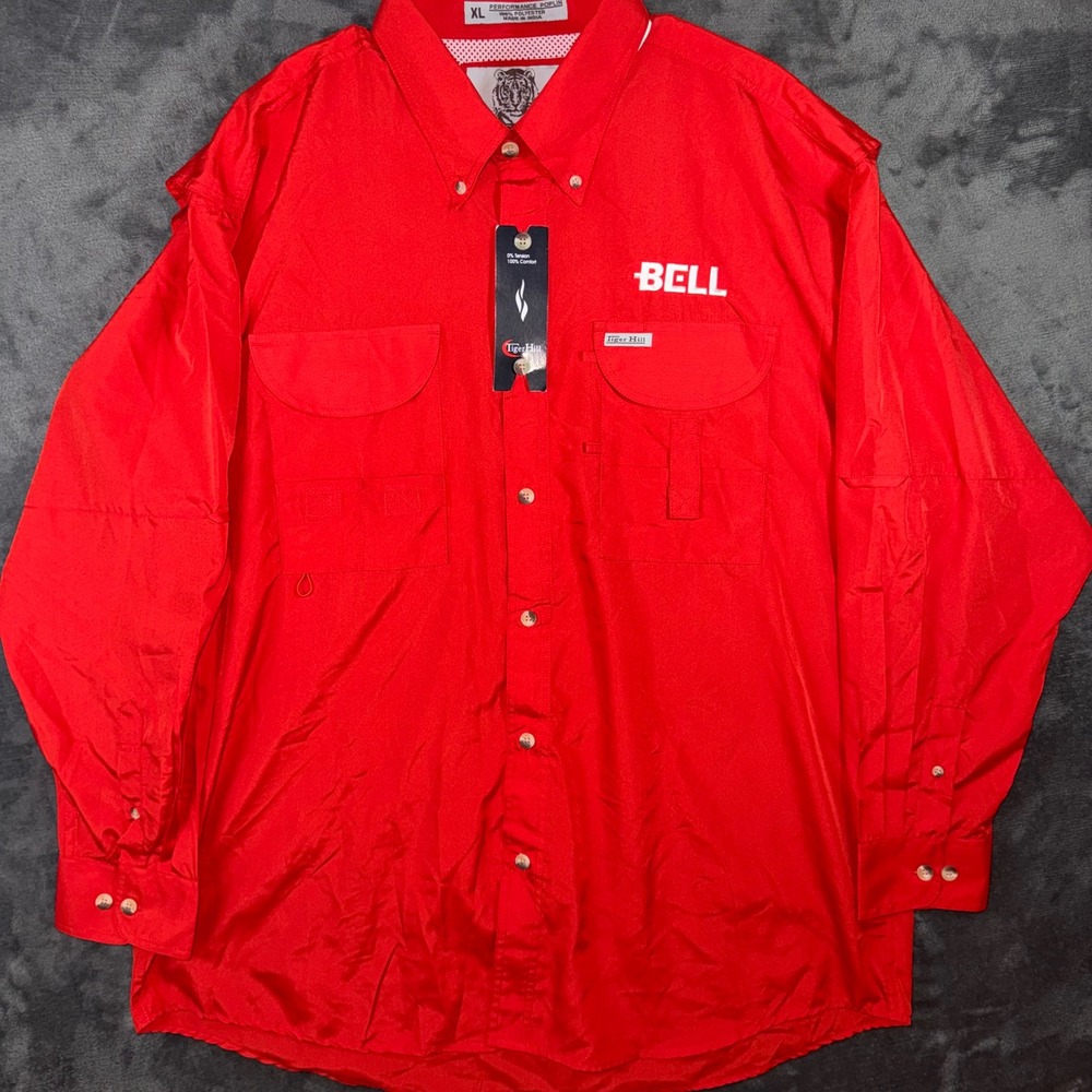 NWT Mens XL Tiger Hill Fishing Shirt Red New Bell Embroidered Performance